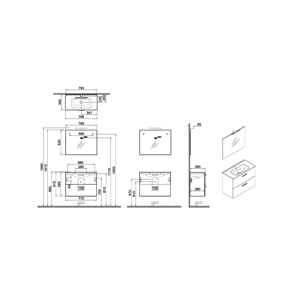 VİTRA MİA SET, LVD, AYNA, 2 ÇEKMECELİ, 80 CM, A. MEŞE