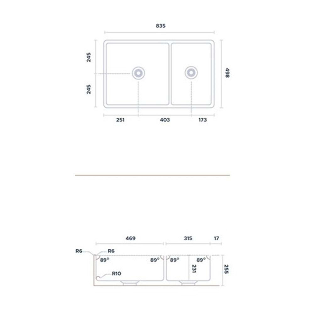 ROMA 33 SERAMİK MUTFAK EVİYESİ ÇİFT GÖZLÜ (40/60) SİYAH (835x498x255)